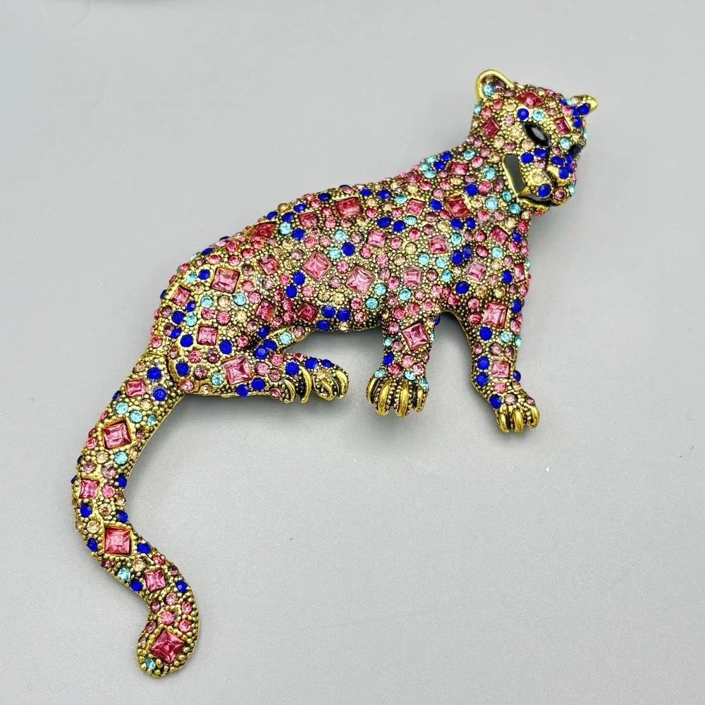 Panther Rhinestone Brooch Cat Colorful Articulated Tail Pin 5